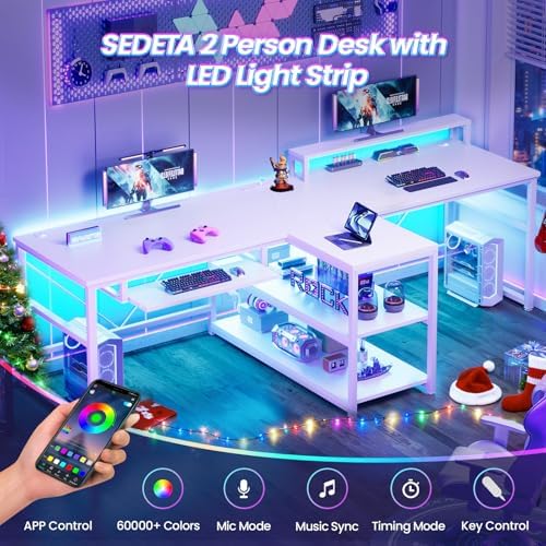 SEDETA 94.5" 2 Person Gaming Desk with Storage Shelves, LED Light, White - Image 3