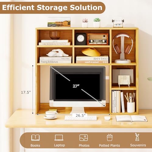 Tangkula Desktop Bookshelf, 37" Countertop Storage Hutch with 7 Cubes & 3 Adjustable Shelves, 3-Tier Desk Display Rack Organizer, Multipurpose Wood Desktop Hutch for Dorm Home Office (Burlywood) - Image 6