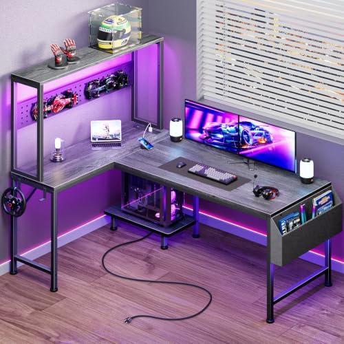 PRAISUN L Shaped Gaming Desk with LED Lights & Power Outlets by PRAISUN