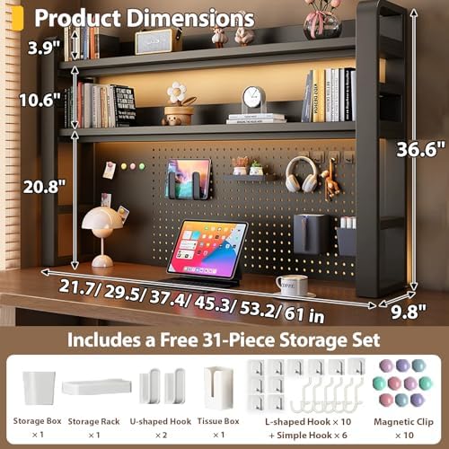 Desk Shelf - Includes a Pegboard and a Free 31-Piece Storage Accessory Set, Desk Hutch, Adjustable Hutch for Home Office Dorm (3-Tier White Frame + Natural Wood Board 53.2×9.8×36.6") - Image 2