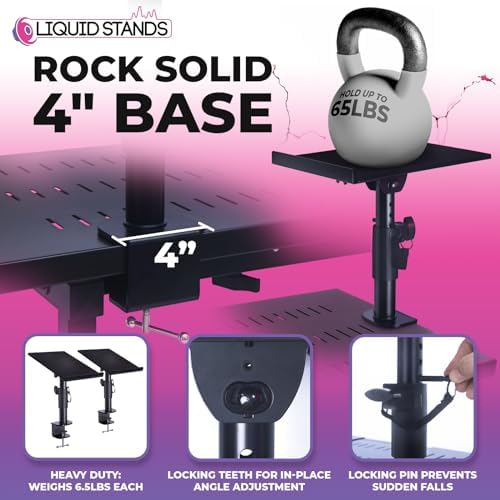 Liquid Stands Studio Monitor Stands - Music Studio Desktop Speaker Stand - 2 Pack 12x9 Clamp-on Adjustable Short or Tall Speaker Support for Music Booth Desk Audio Monitor Stand Mount with Tilt - Image 5