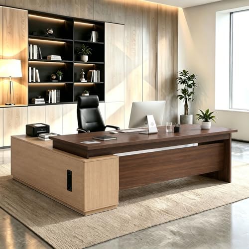 L Shaped Executive Desk with Drawers, Large Wood Workstation, Modern Executive Office Furniture for Home Office and Business Workspace, Multiple Sizes & Colors by Unknown
