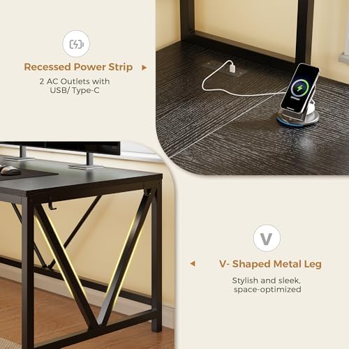 L Shaped Gaming Desk with Fabric Drawers and Power Outlet, Corner Computer Desk with LED-Lit Tempered Glass Display Cabinet, L Shaped Office Desk with Storage,PC Desk for Gaming and Home Office, Black - Image 6