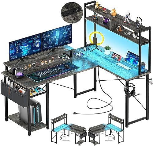Aheaplus Small L Shaped Desk Gaming Desk with LED Lights & Power Outlets by Aheaplus