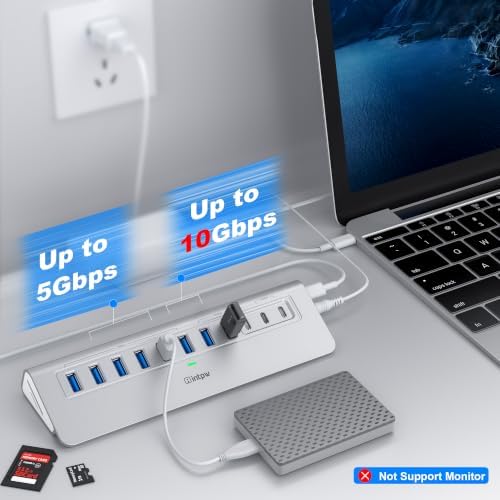 Powered USB Hub 10Gbps, intpw YH9AC Plus 13-Port USB 3.2 Hub(USB A/USB C 3.2+6 USB-A 3.0+2 PD 45W Fast Charging Ports+SD/TF Card Reader), 65W Power Adapter,Aluminum USB HUB for PC/Laptop,iPhone 17/16 - Image 3