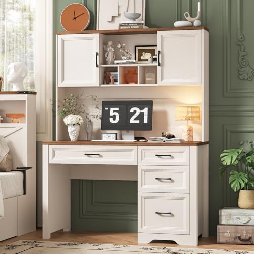 Vabches Farmhouse Executive Desk with 4 Drawers and Storage Cabinet, Rustic Large Home Writing Desk with Hutch, Workstation for Bedroom, White - Image 3