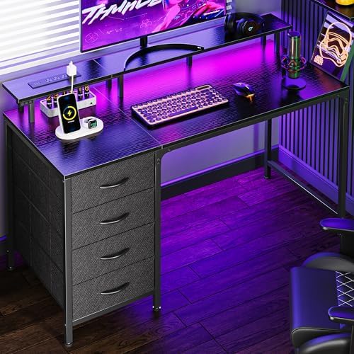 Huuger 47 Inch Computer Desk with Power Outlets and LED Lights, Gaming Desk with 4 Drawers, Office Desk with Monitor Stand, Study Work Home Office, Small Spaces, Black by Huuger