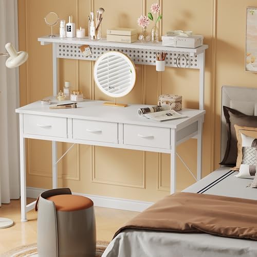 MUTUN Computer Desk with Drawers, 40 Inch Computer Desk with Power Outlet & LED Light, Gaming Desk with Adjustable Monitor Stand & Pegboard, Modern PC Study Writing Table for Bedroom, White - Image 2