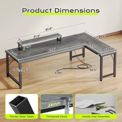 PRAISUN 61" L Shaped Computer Desk, Power Outlets, Monitor Stand, Grey - Image 3