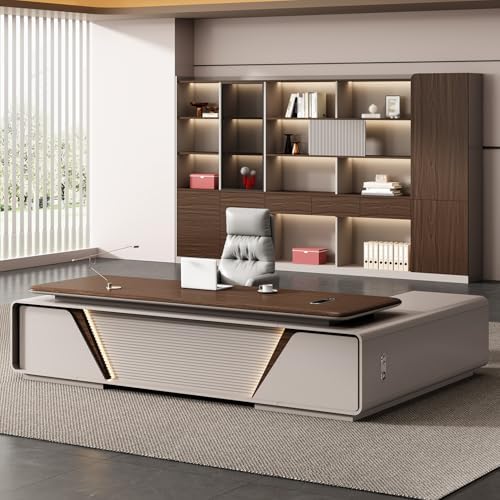 Modern L-Shaped Executive Desk with Drawers, Wooden Office Desk with Hidden Power Outlet, Digital Combination Lock, Aluminum Inlaid Desktop for Home & Professional Office by Unknown
