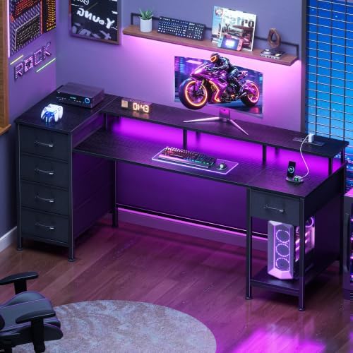 Korfile 61 Inch Gaming Computer Desk with Power Outlets,LED,5 Drawers,Black - Image 3
