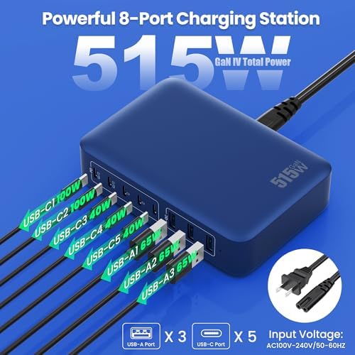 USB C Charger Block 515W[2025 Upgraded] GaN IV 8 Port Fast Charging Station Hub,Dual PD 100W USB C Laptop Charger Compatible with MacBook Pro/Air,iPad,iPhone 16/15,Galaxy S23/S24 Steam Deck Dell XPS - Image 2