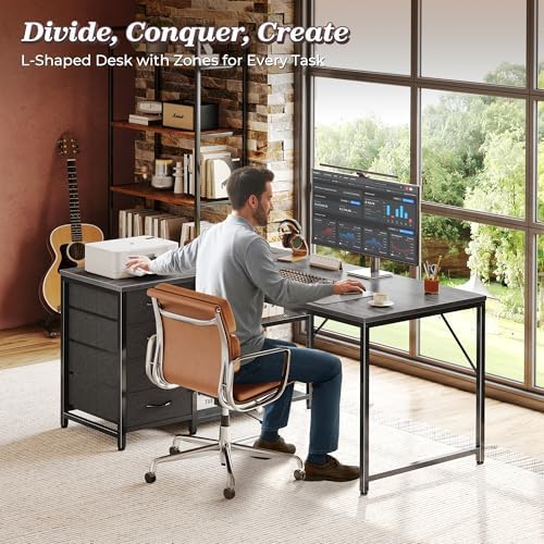 PRAISUN 43.3" Small L Shaped Desk with Power Outlets & 4 Drawers - Image 3