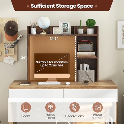 BECOMFORT Desk Hutch, Desk Organizer Shelf w/ 5 Storage Compartments, up to 27” Monitor, Wooden Display Rack, Desktop Bookshelf for Vanity Dressing Tabletop College Dorm Home & Office - Image 4