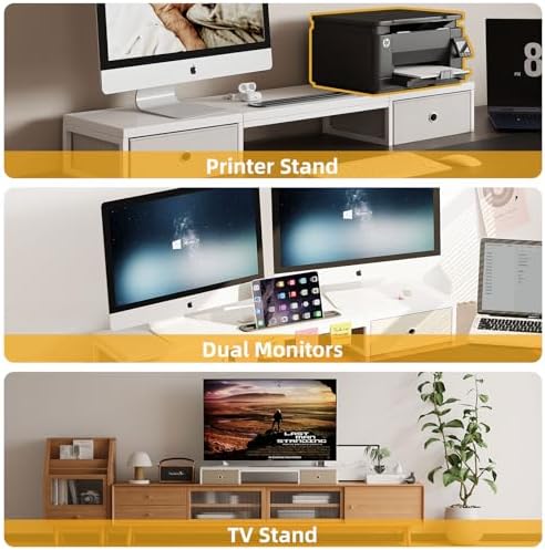 39 Inch Dual Monitor Stand Riser with 2 Drawers - Large White Wooden Computer Stand for 2 Monitors, Ergonomic Desk Organizer with Phone Holder, Desktop Storage for Laptop, Office Supplies, Home Office - Image 6