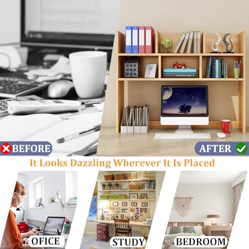 Wooden Desktop Bookshelf, Countertop Hutch Bookshelf, Comupter Desk Hutch Organizer with Shelves, Freestanding Bookcase for Home Office Dorm Room(39.3'', White) - Image 3