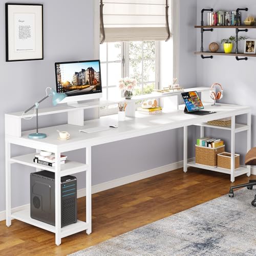 Tribesigns Two Person Desk with Monitor Stand, 78.74" Long Double Computer Office Desk with Storage Shelves, Large Gaming Desk Study Writing Table Workstation for Home Office (White) - Image 4