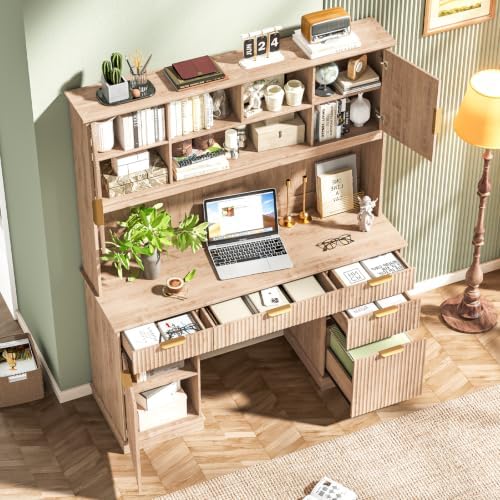 Vabches Farmhouse Executive Desk with 5 Drawers & 3 Storage Cabinets,Oak - Image 6