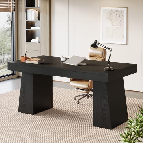 Tribesigns 55-Inch Executive Desk, Thick Wood Office Computer Desk with Double Pedestal, Modern Minimalist Workstations Writing Table Conference Table Furniture for Home Office, Black by Tribesigns