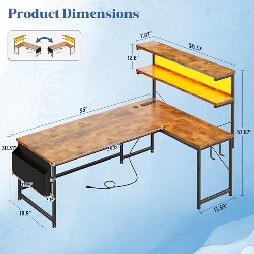 DurayLoly 53"L Shaped Desk with Storage Shelf,Side Bag,Hook for Small Space - Image 2