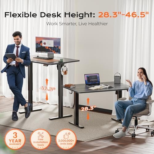 Huuger 48 x 28 Large Electric Standing Desk, Height Adjustable Desk, 27.6" Deep Desktop, Stand up Gaming, 2 Hooks, 3 Preset Heights, for Home Office, Grey - Image 3