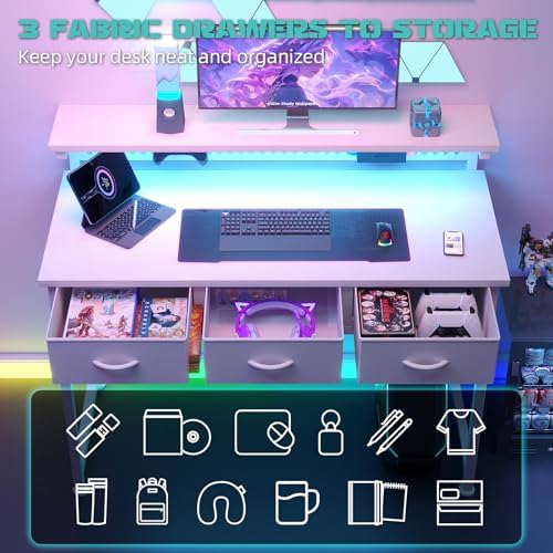 MUTUN Computer Desk with Drawers, 40 Inch Computer Desk with Power Outlet & LED Light, Gaming Desk with Adjustable Monitor Stand & Pegboard, Modern PC Study Writing Table for Bedroom, White - Image 5