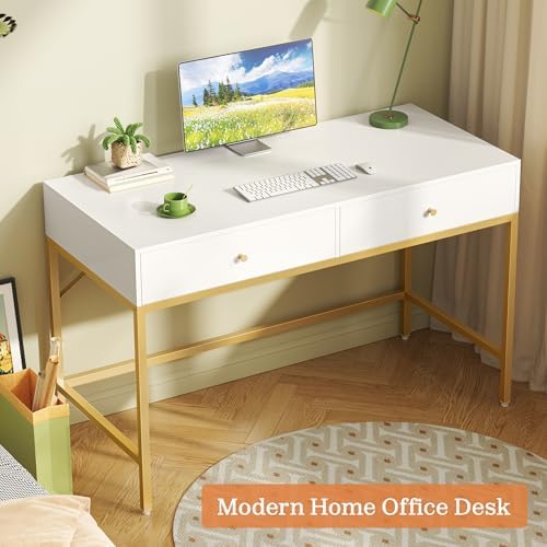 SUPERJARE White and Gold Vanity Desk with Drawers, 47 inch Computer Desk - Image 5