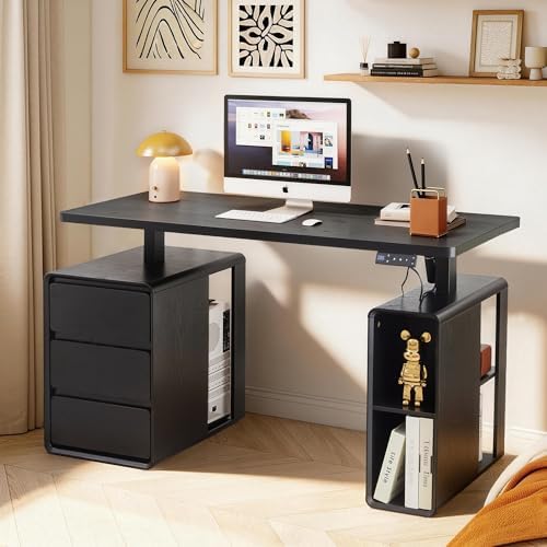 Electric Standing Desk with Drawers, 55" Office Desk Height Adjustable Executive Desk with Storage Shelves, Simple Setup Wood Desk Home Office Stand up Desk for Work, Study, Writing, Black by HenstatechWarmFurniture