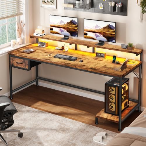 DurayLoly 55" Office Desk with Power Outlet & Fabric Drawer,Rustic Brown - Image 2