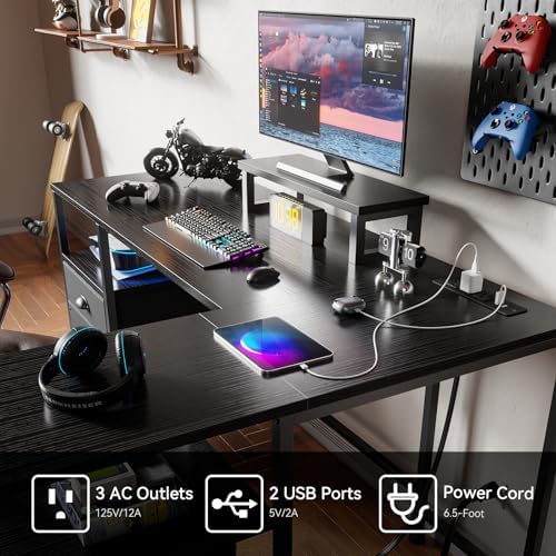 Furologee 50 Inch L Shaped Gaming Desk with Power Outlet and Drawers, Black - Image 5