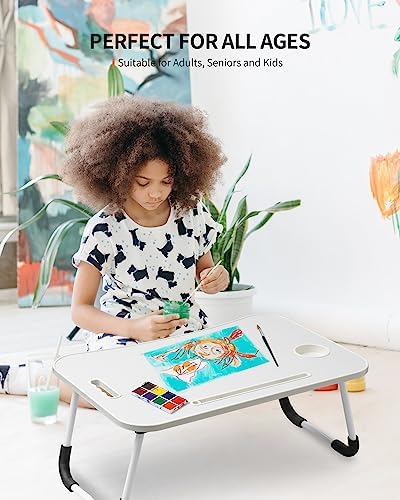 FISYOD Foldable Laptop Table, Portable Lap Desk Bed Table Tray, Laptop Stand with Cup Holder & Tablet Slot & Lifting Handle for Working Writing Drawing & Eating (White) - Image 3