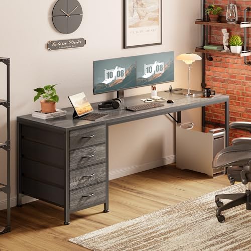 PRAISUN 63 Inch Computer Office Desk with Power Outelts and USB-C Port, Reversible Gaming Desk with 4 Fabric Drawers, Work Study Desk Work from Home, Grey - Image 2