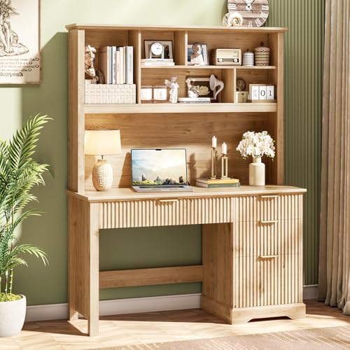 Vabches Fluted Executive Desk with Drawers, Wood Computer Desk with Ample File Drawer, Home Office Desk with Hutch for Study, Bedroom, Living Room, Oak by Vabches
