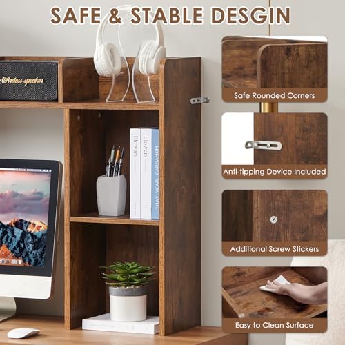 Nromant Desktop Bookshelf, Wooden Desk Storage Hutch with 4 Shelves, 3-Tier Desktop Display Organizer Rack for Office Home (Brown, 5 Shelves A) - Image 5