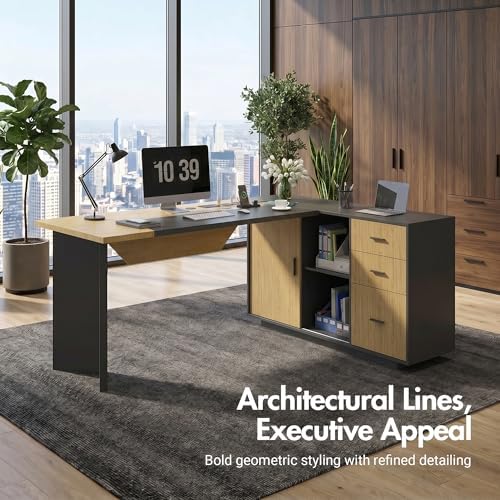 74.4" L-Shaped Executive Desk, Large Office Desk, Black + Light Wood - Image 4