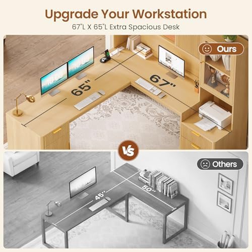 SEDETA 67" x 65" L Shaped Desk with Hutch, RGB LED Corner Computer Desk with Power Outlets, Fluted Home Office Desk with File Drawer, Storage Cabinet & Glass Display Cabinet for Gaming & Working, Oak - Image 3