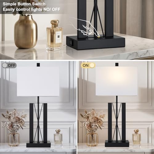 Lolikit 25" Table Lamps for Living Room Set of 2, Modern Table Lamp with 2 USB Charging Ports, Nightstand Geometric Bedside Lamp with White Shade for Bedroom End Table Desk Office(2 LED Bulb Included) - Image 4