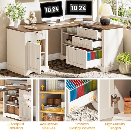 Farmhouse L Shaped Desk with Drawers, Corner Computer Desk for Home Office - Image 7