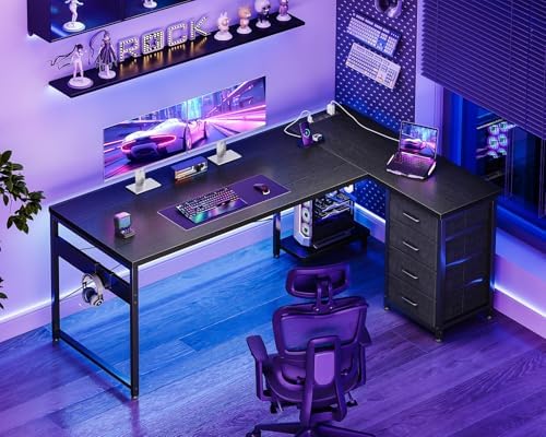 AODK 61" L Shaped Gaming Desk with 4 Drawers and Power Outlets, Black - Image 2