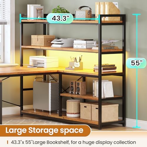 SEDETA L Shaped Desk with Storage Shelves, 63” Reversible U Shaped Office Desk, Gaming Desk with Power Outlet and LED Lights for Home Office, Rustic Brown - Image 4