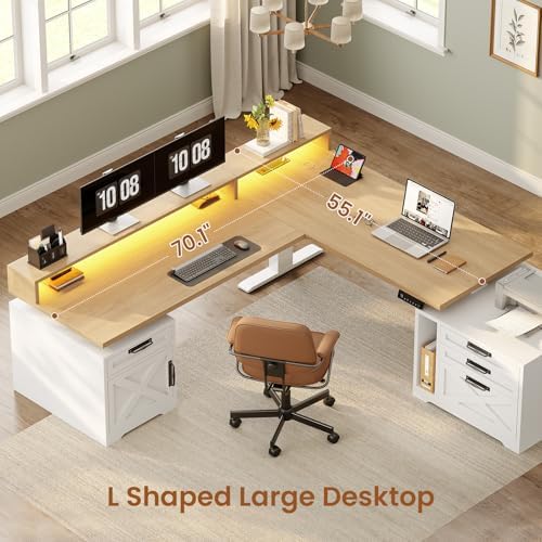 SEDETA Farmhouse L Shaped Standing Desk, 70.1" x 73.2" Height Adjustable Home Office Executive Desk with Drawers, Power Outlet, Monitor Stand, Sit Stand Table with Led Lights for Home Office, Oak - Image 5
