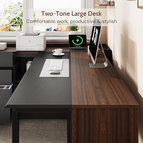 70" Executive Desk with Cabinet Storage, L-Shaped Office Desk with 3 Drawers and Shelves, Large Computer Desk Business Furniture for Home Office (Brown & Black) - Image 4