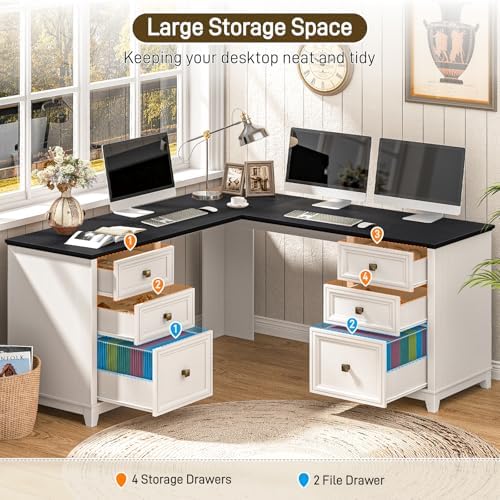 Vabches Farmhouse L Shaped Executive Desk with 6 Drawers, 59’’ Wood Home Office Desk with File Cabinet, Writing Corner Computer Desk for Home Office, Work, Study, White and Black - Image 4