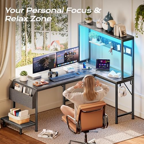 PRAISUN L Shaped Gaming Desk with LED Lights & Power Outlets - Image 6