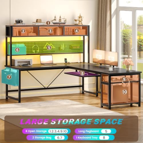 SEDETA 67" L Shaped Gaming Desk with Pegboard LED Lights and Power Outlet - Image 6