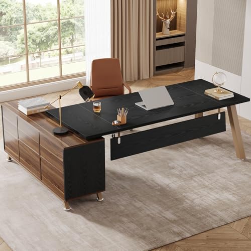 Tribesigns 78.7-Inch Executive Desk, L-Shaped Desk with 55-Inch Cabinet, Large Office Desk with Storage Shelves, Modern Computer Desk for Home Office, Black & Walnut by Tribesigns