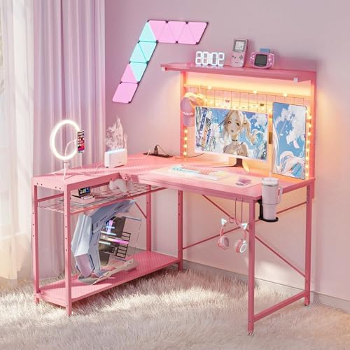 Bestier 42" L Gaming Desk with Power Outlets LED Lights, Carbon Fiber Pink - Image 3