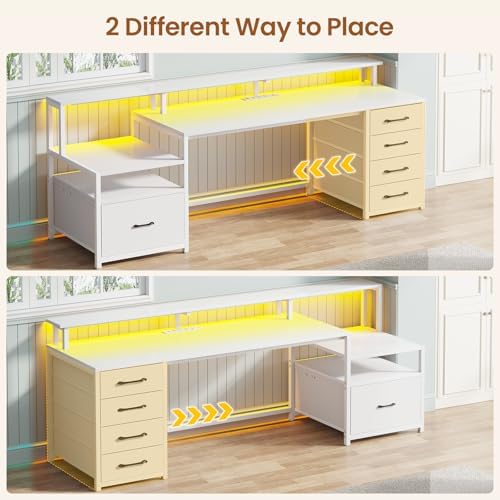 SEDETA Computer Desk with 5 Drawer, Power Outlet, Led Lights, White - Image 2