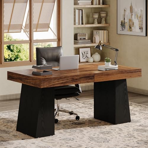 Tribesigns 55" Executive Desk, Wooden Office Desk with Double Pedestal, Modern Simple Computer Writing Table for Home Office, Brown & Black - Image 4