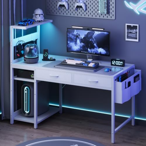 40 Inch Small Gaming Desk with Drawers & Led Lights & Storage Bag, White - Image 4